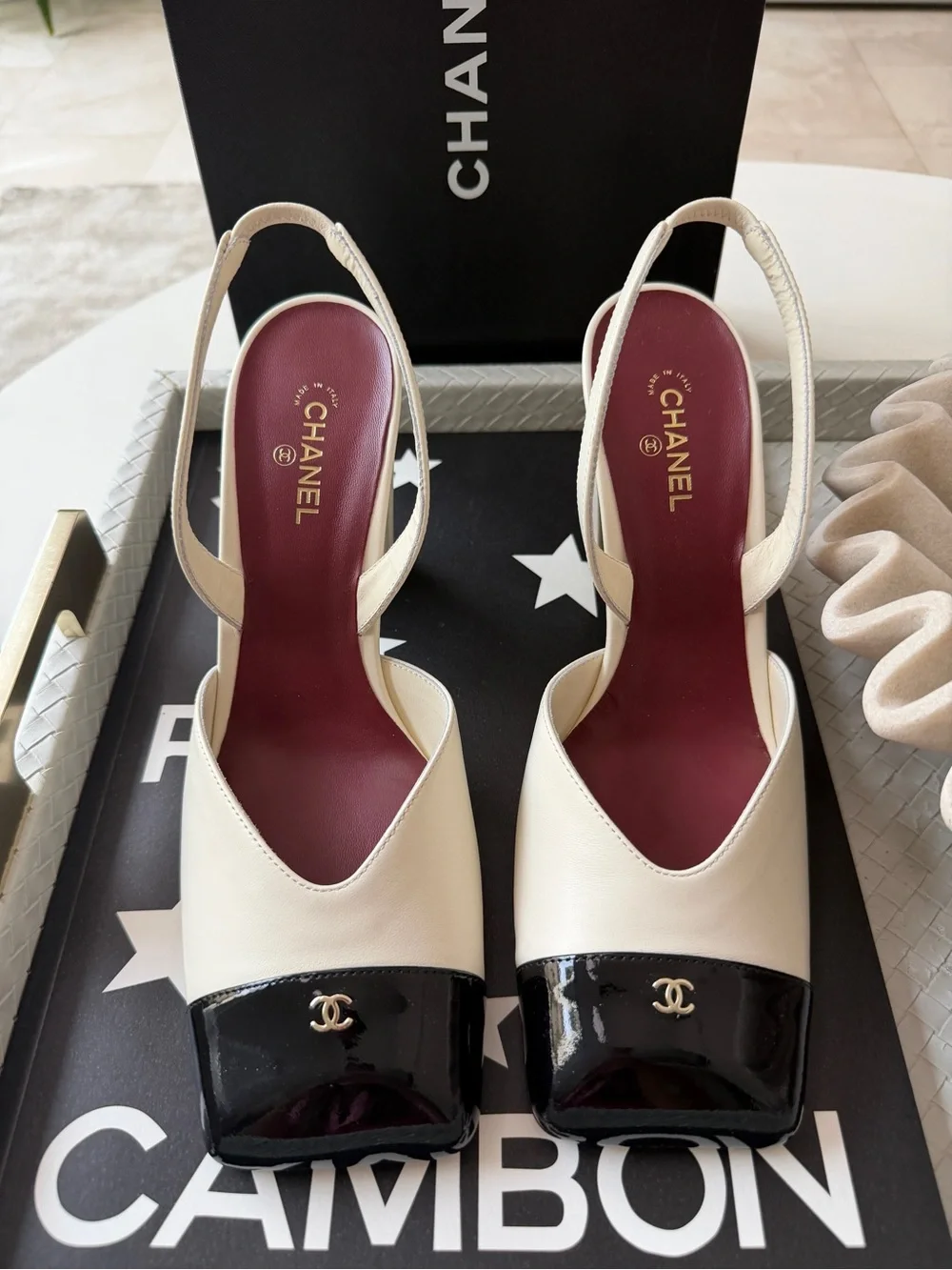 Chanel 26S Blazy Ivory Ecru Black Square Cap Toe Sling CC Slingback Heel Pump 40